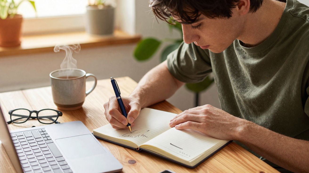 Pessoa a escrever num caderno à mesa com portátil, óculos e chá quente ao lado numa manhã iluminada.