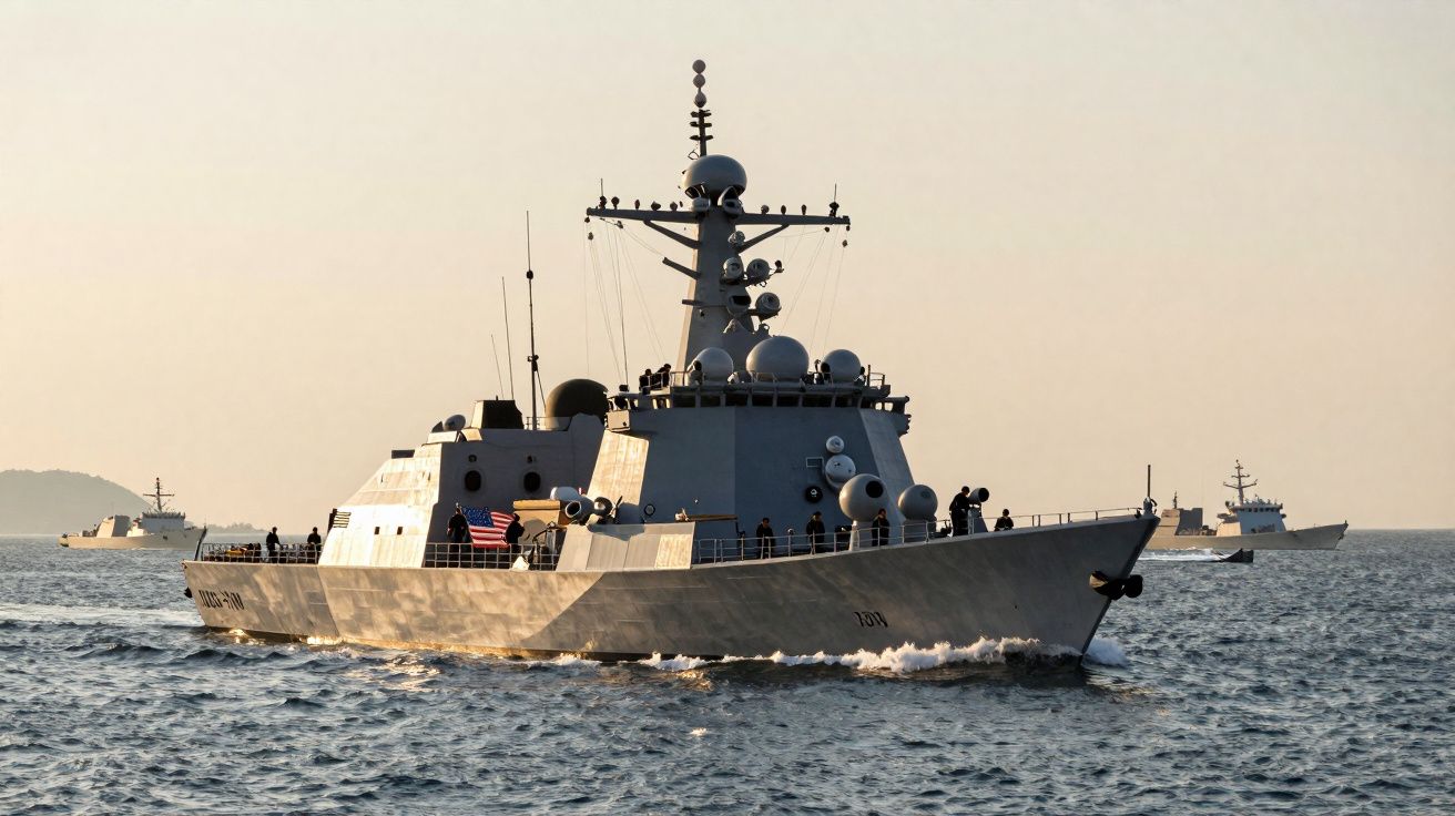 Fragata militar cinzenta a navegar no mar ao entardecer com três navios militares ao fundo.