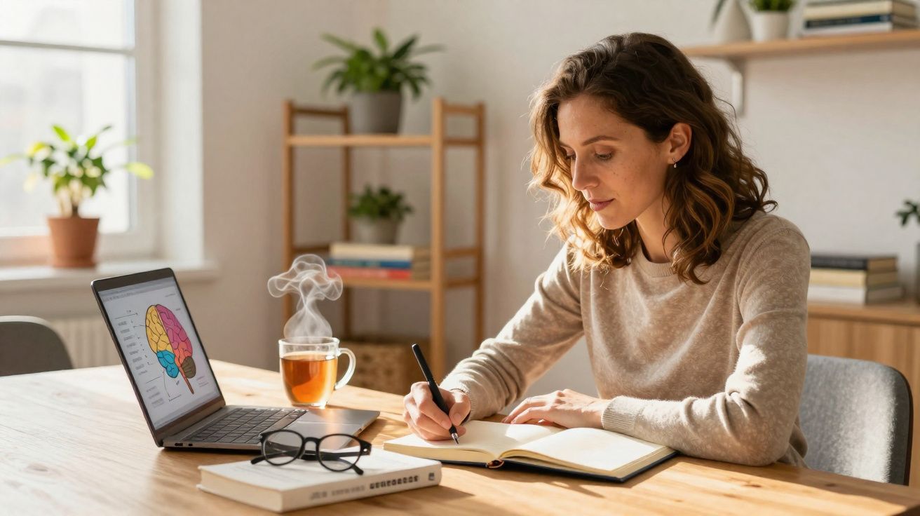 Mulher a estudar neurociência em casa com laptop, a escrever em caderno numa mesa com chá e óculos.