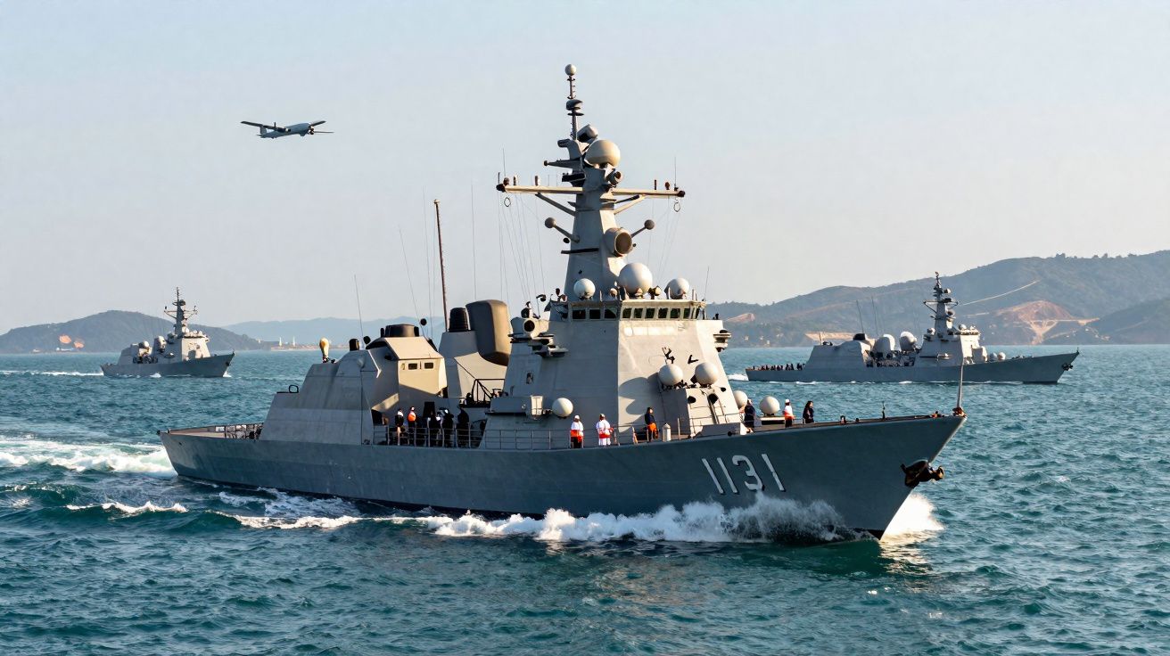 Navio de guerra cinzento com tripulação em mar calmo, com outros dois navios e avião ao fundo.