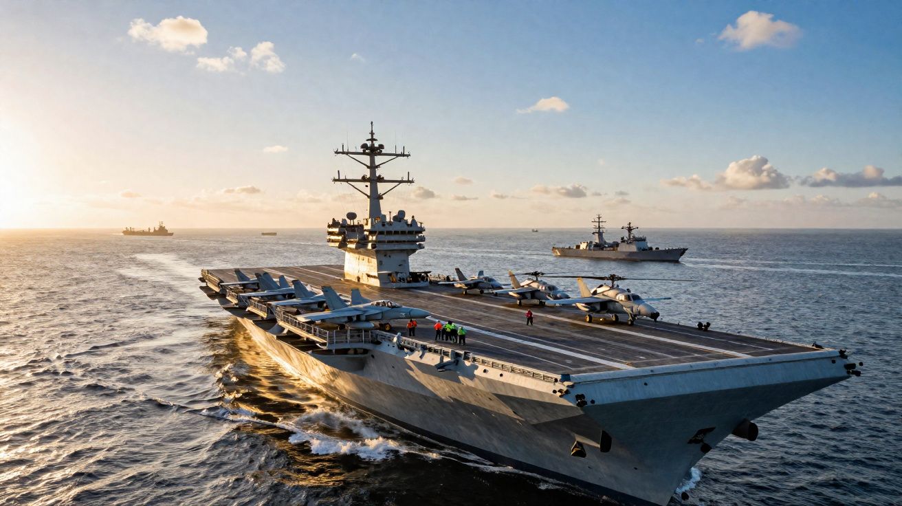 Porta-aviões com várias aeronaves a bordo navegando no mar ao pôr do sol com dois navios de guerra ao fundo.