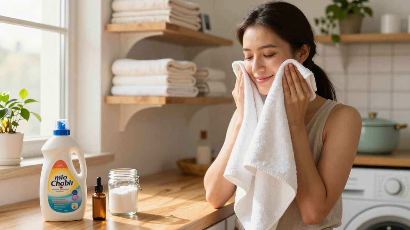 Mulher com toalha branca limpa o rosto numa cozinha luminosa com produtos de limpeza sobre a bancada.