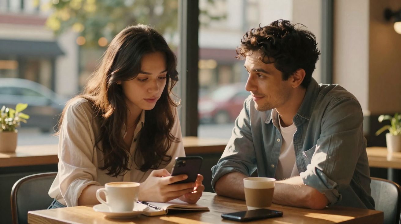Dois jovens sentados numa cafetaria, ela a olhar para o telemóvel e ele a observá-la sorrindo.