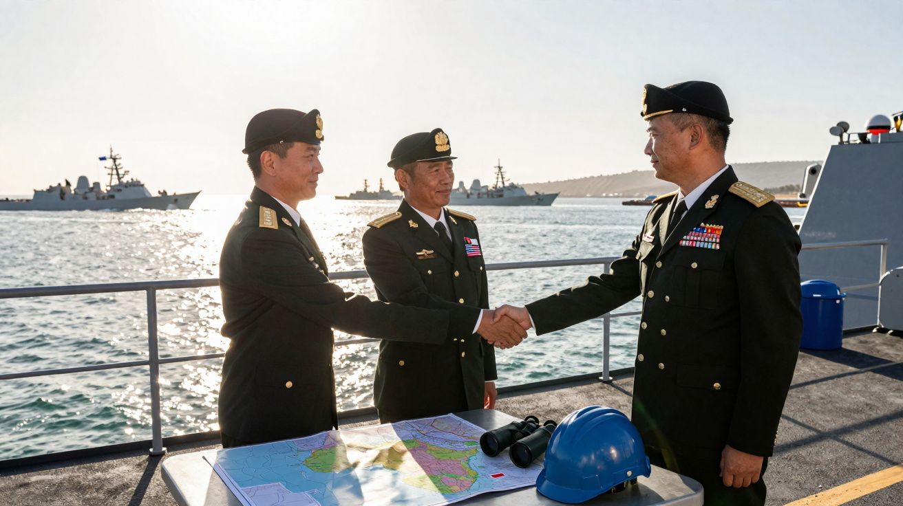 Três militares asiáticos em uniforme trocam aperto de mão num convés com mapa e barco ao fundo.