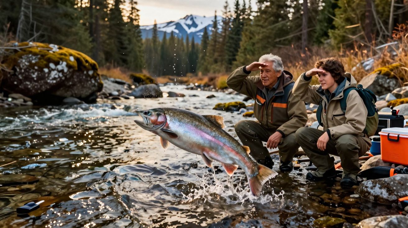 Duas pessoas agachadas num riacho junto a uma truta a saltar, rodeadas de árvores e montanhas ao fundo.