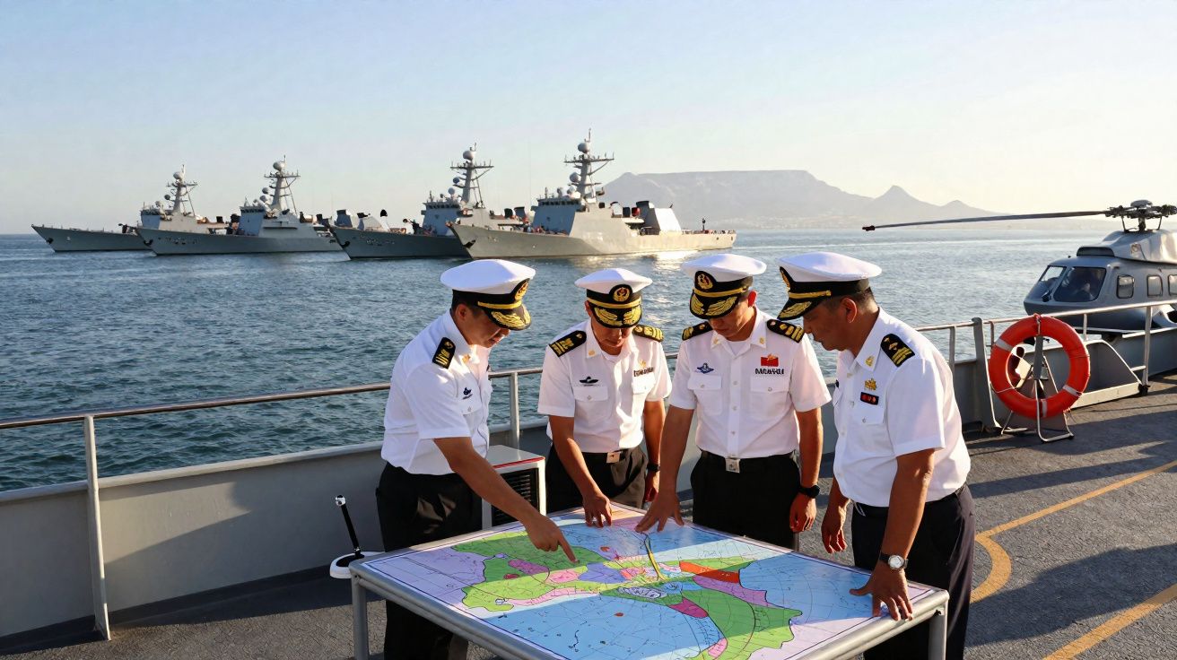 Quatro oficiais navais analisam um mapa sobre o convés de um navio com escolta de quatro fragatas no mar ao fundo.