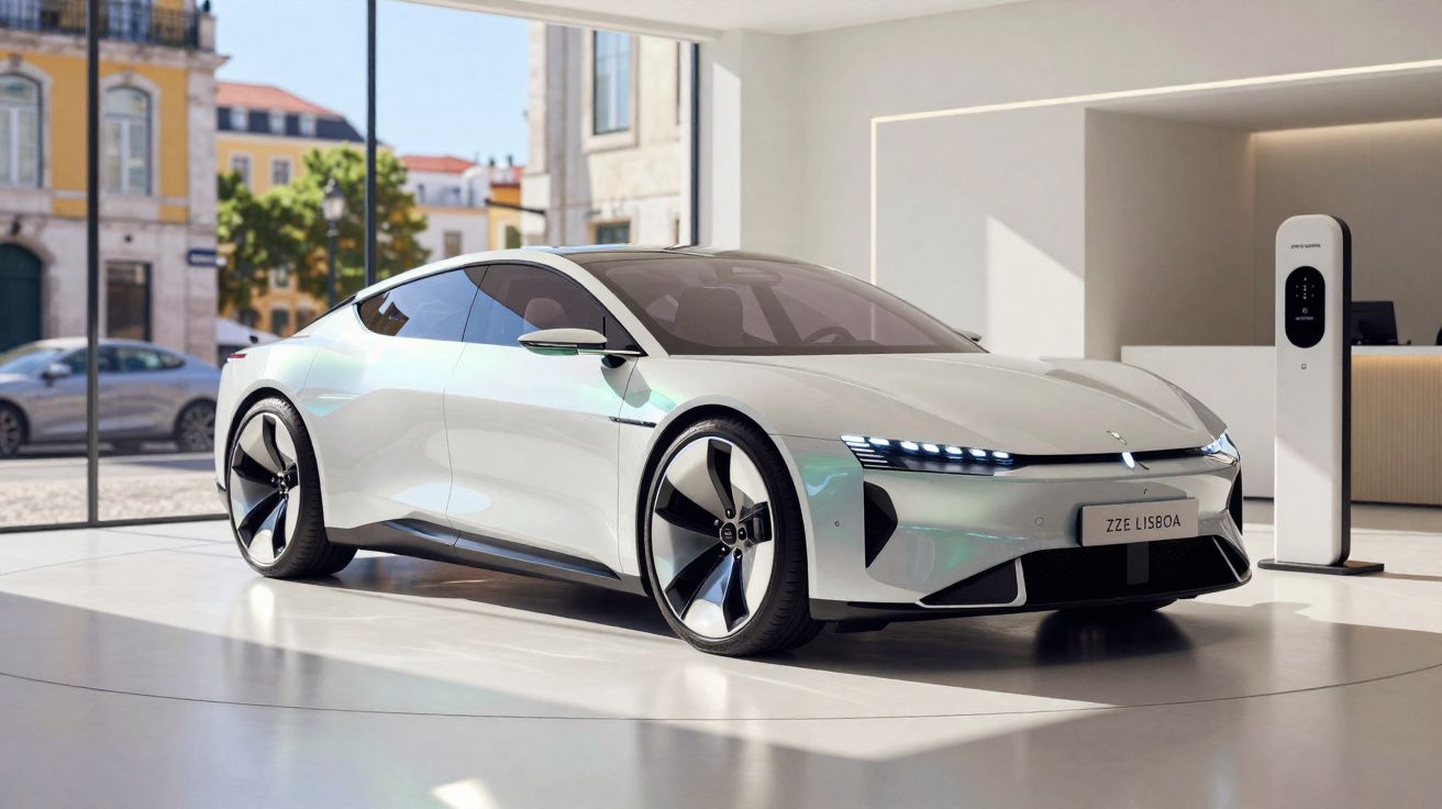 Carro elétrico branco desportivo estacionado numa exposição com carregador ao lado, em ambiente urbano moderno.