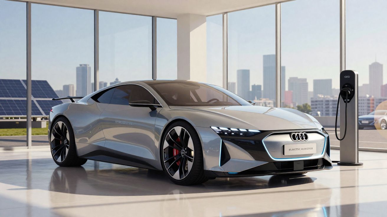 Carro desportivo elétrico cinzento Audi estacionado interiormente junto a posto de carregamento.