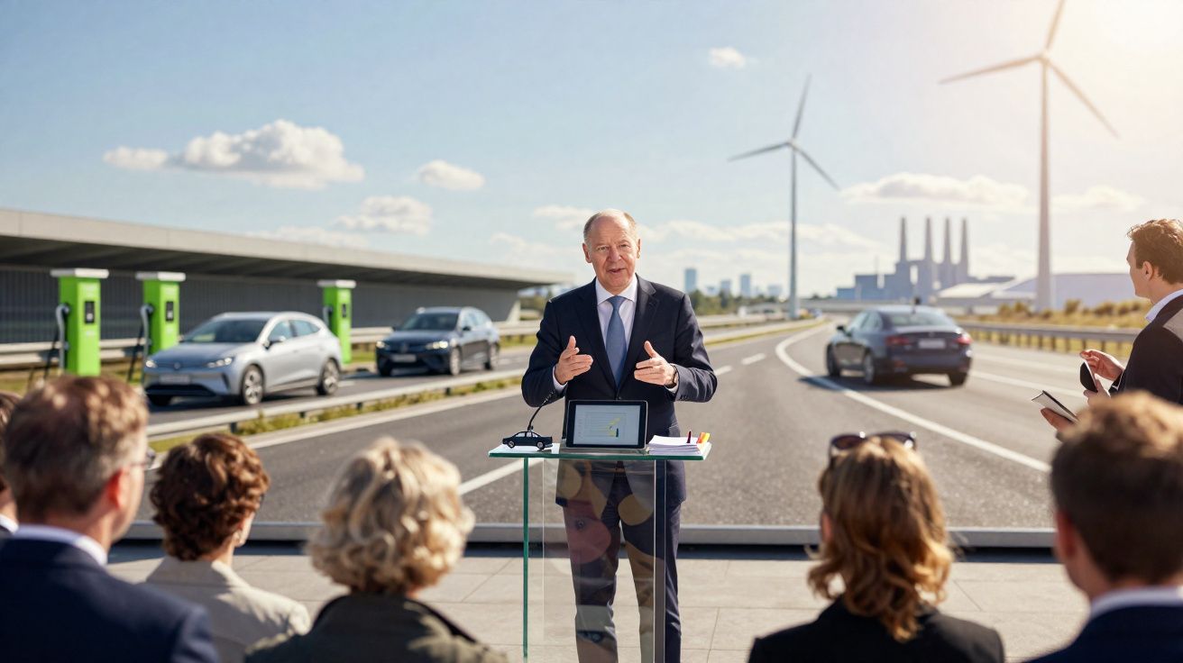Homem de fato a discursar em conferência sobre energia, com carros elétricos e turbinas eólicas ao fundo.