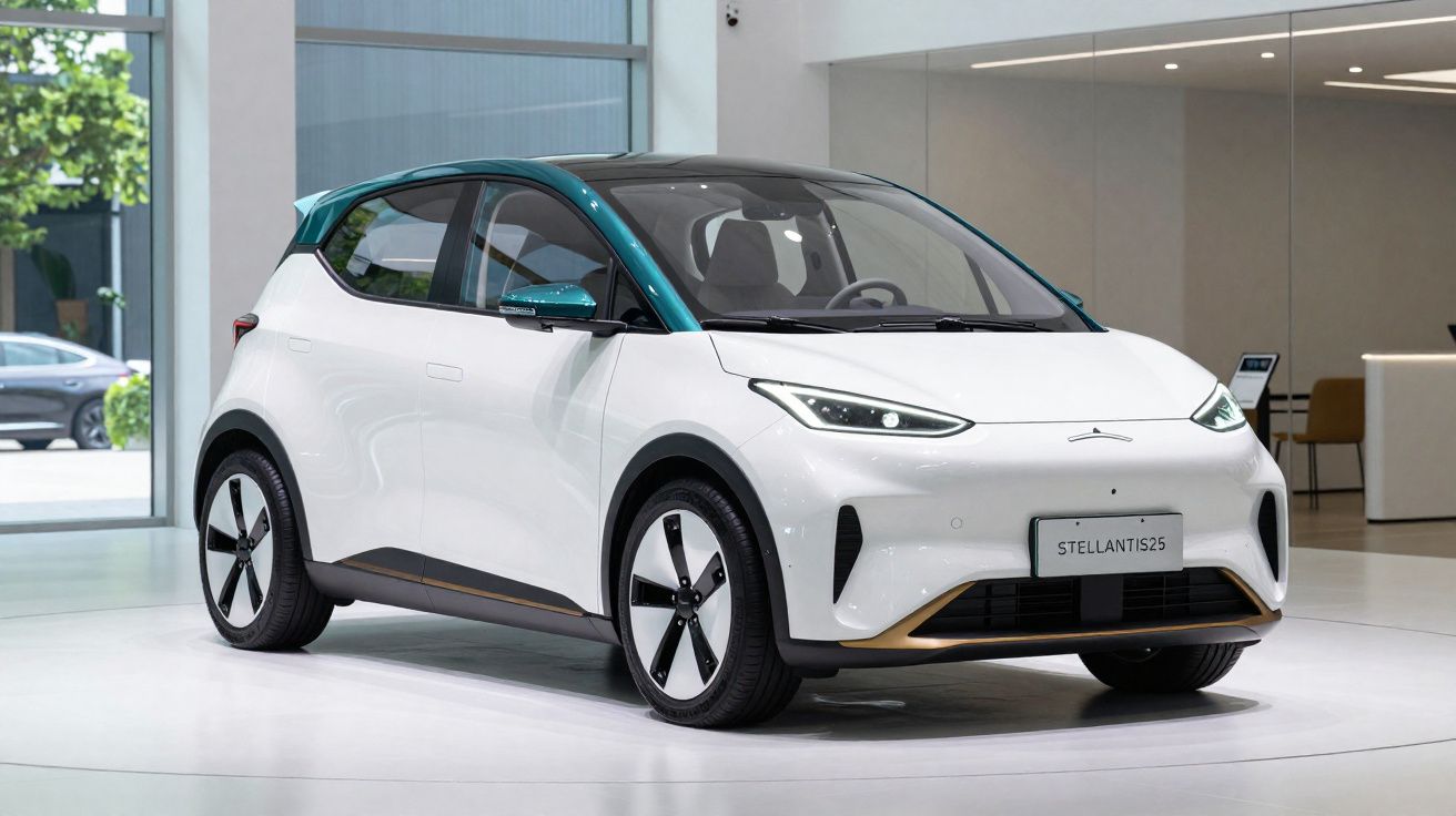 Carro elétrico compacto branco com tejadilho azul exibido em salão moderno e minimalista.