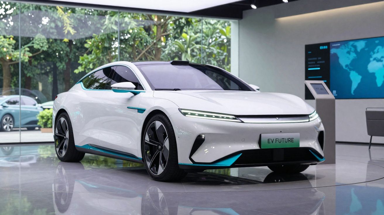 Carro elétrico branco moderno com design aerodinâmico exposto em showroom futurista.