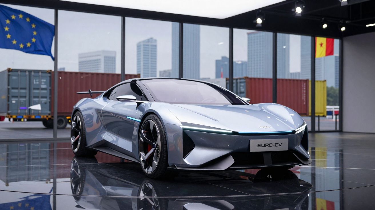 Carro desportivo eléctrico cinzento brilhante numa sala moderna com bandeiras da UE e de países africanos ao fundo.