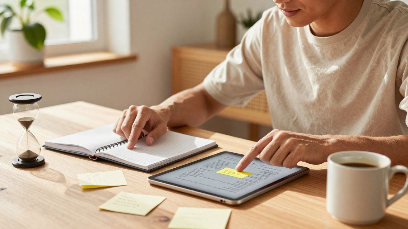 Pessoa a apontar para um post-it digital num tablet enquanto toma notas num caderno, com uma chávena de café à frente.