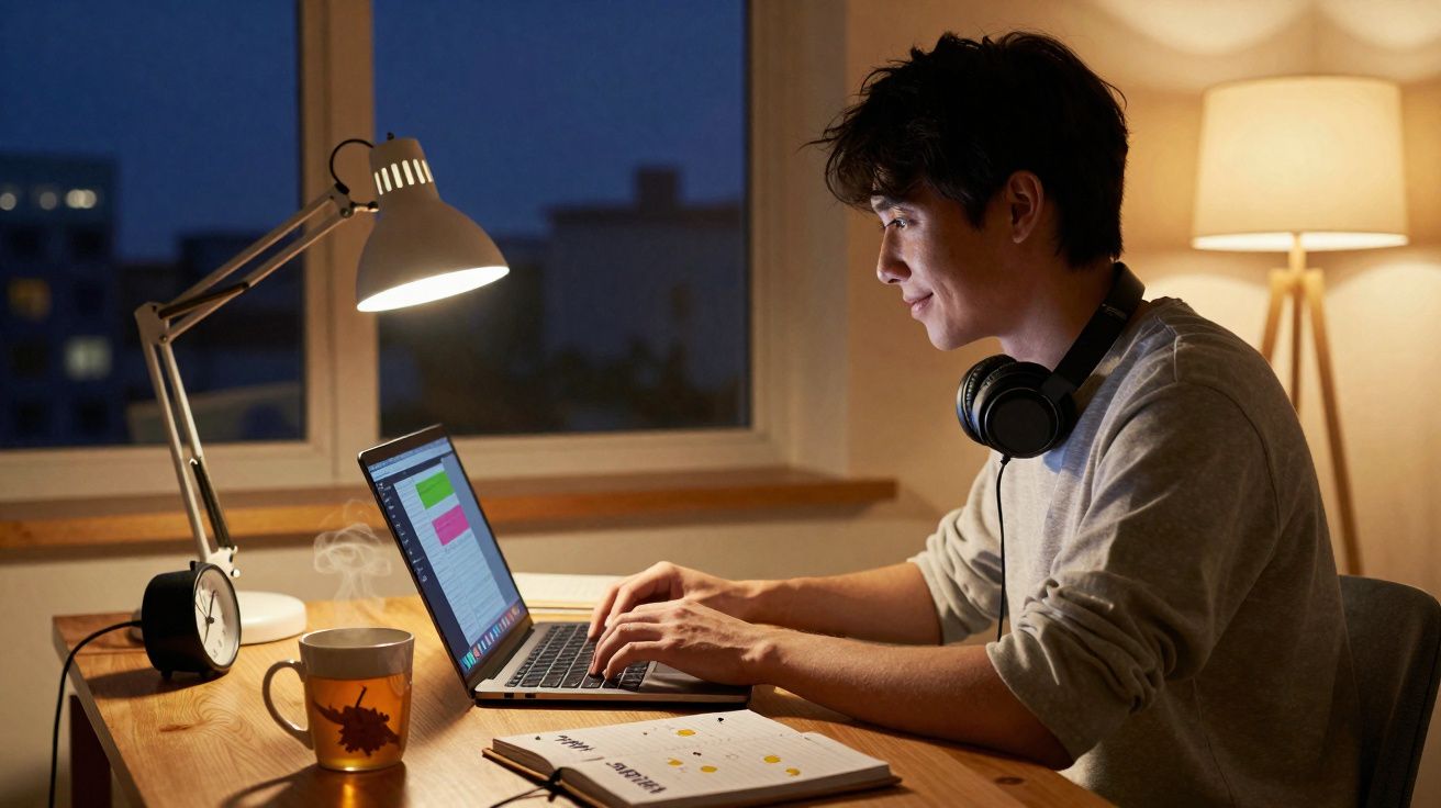 Pessoa a estudar à noite num escritório com portátil, perto de candeeiros, chá e despertador.