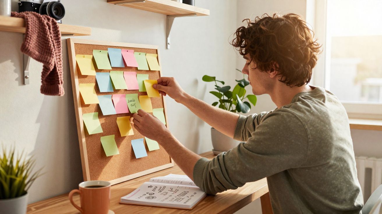 Pessoa a organizar notas adesivas coloridas num quadro de cortiça numa mesa junto à janela iluminada.