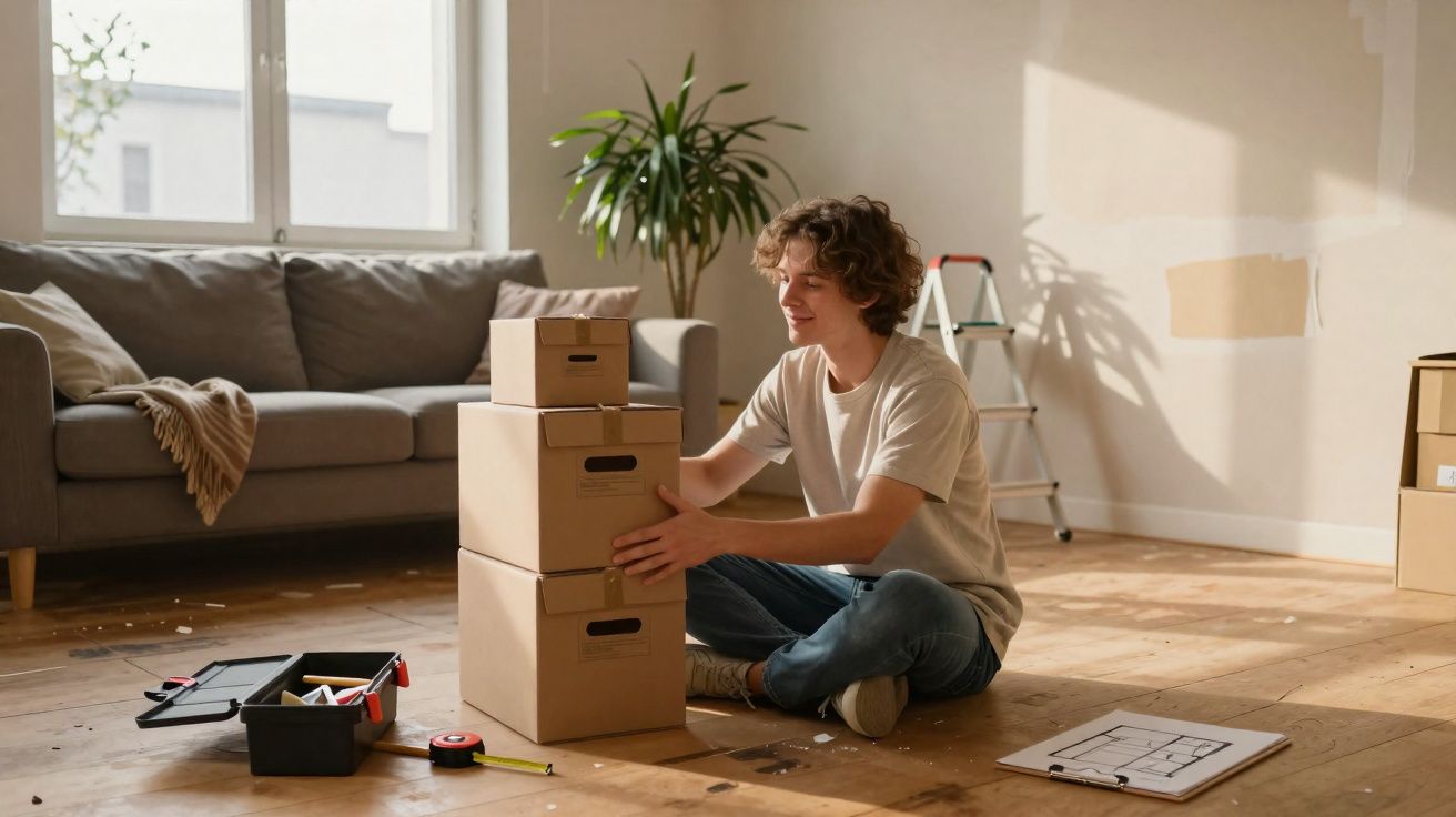Jovem sentado no chão empilha caixas de mudança numa sala com sofá, plantas e caixa de ferramentas.