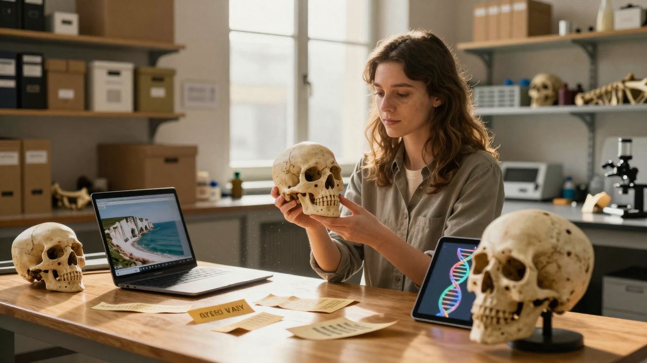 Mulher a estudar crânios humanos numa mesa com computador portátil e tablet num laboratório.