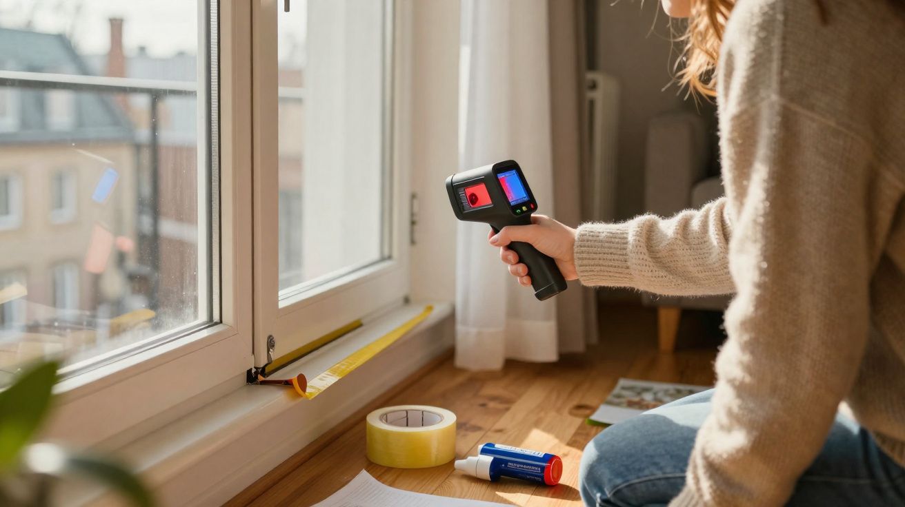 Pessoa a medir a temperatura da janela com termómetro infravermelho, fita adesiva e cola quente numa mesa.