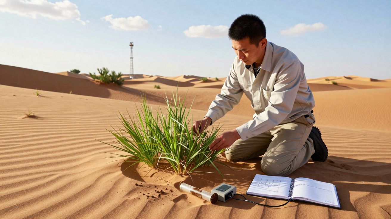 Homem analisa planta no deserto com caderno aberto e equipamento de medição na areia.