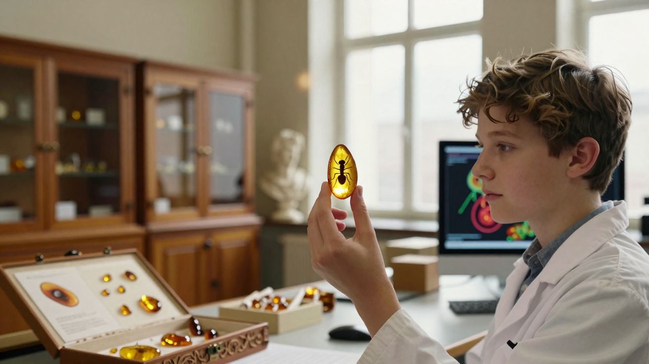 Jovem cientista estuda fósseis de insetos em âmbar num laboratório com equipamento moderno.