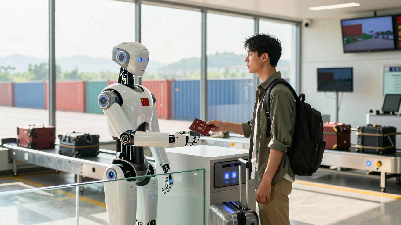 Homem entrega passaporte a robô no aeroporto, ambiente moderno com bagagens e janela grande ao fundo.