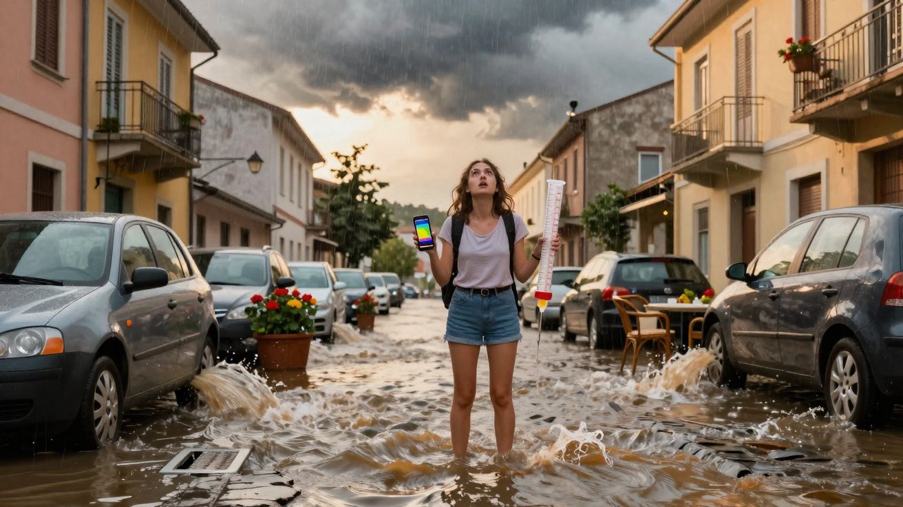 Mulher de pé numa rua alagada, segurando telemóvel e secador, com céu nublado e água a transbordar dos carros.