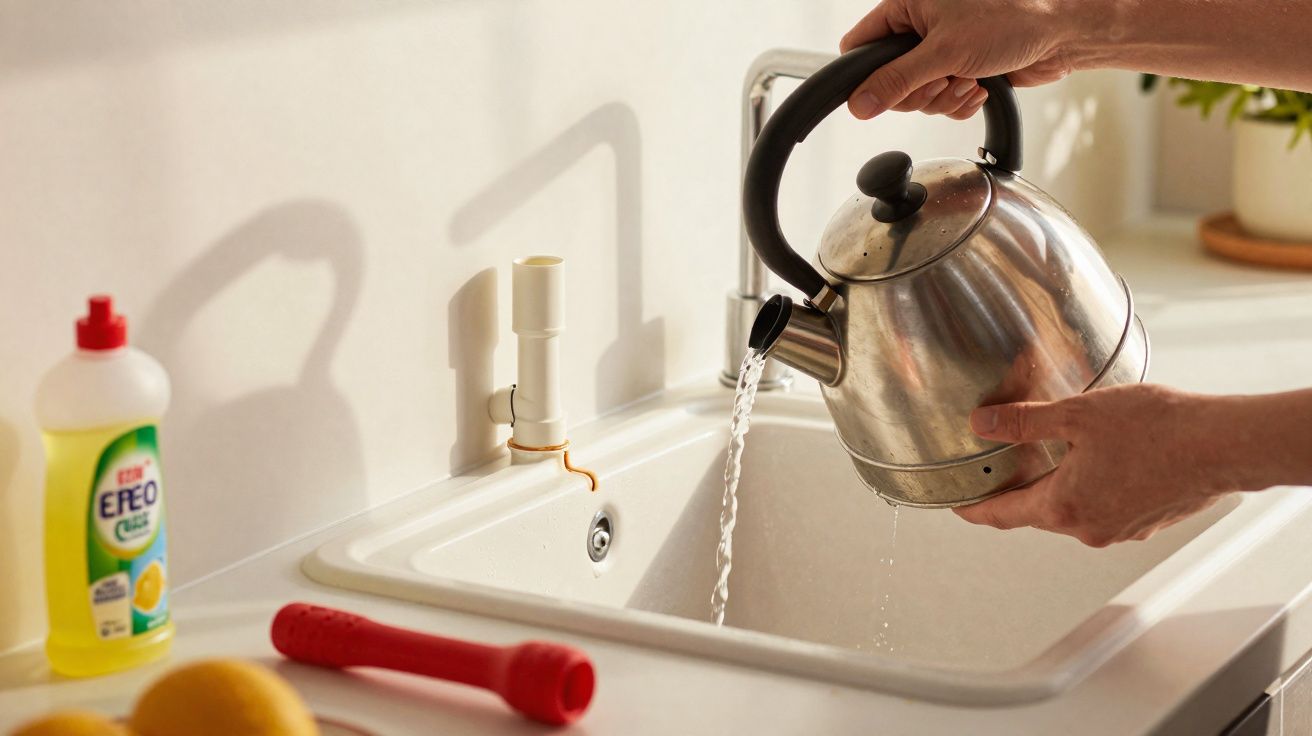 Pessoa a despejar água de um bule metálico numa pia de cozinha branca.