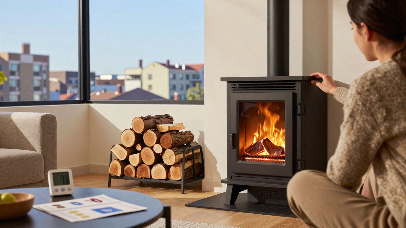 Pessoa sentada junto a salamandra acesa numa sala com pilha de lenha junto à janela.