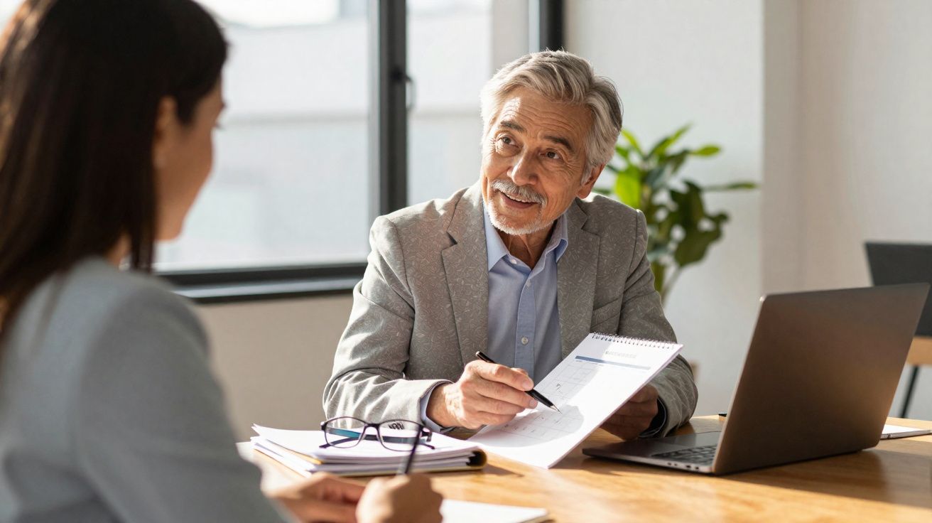 Homem sénior a explicar documento a mulher numa reunião de trabalho em escritório moderno.
