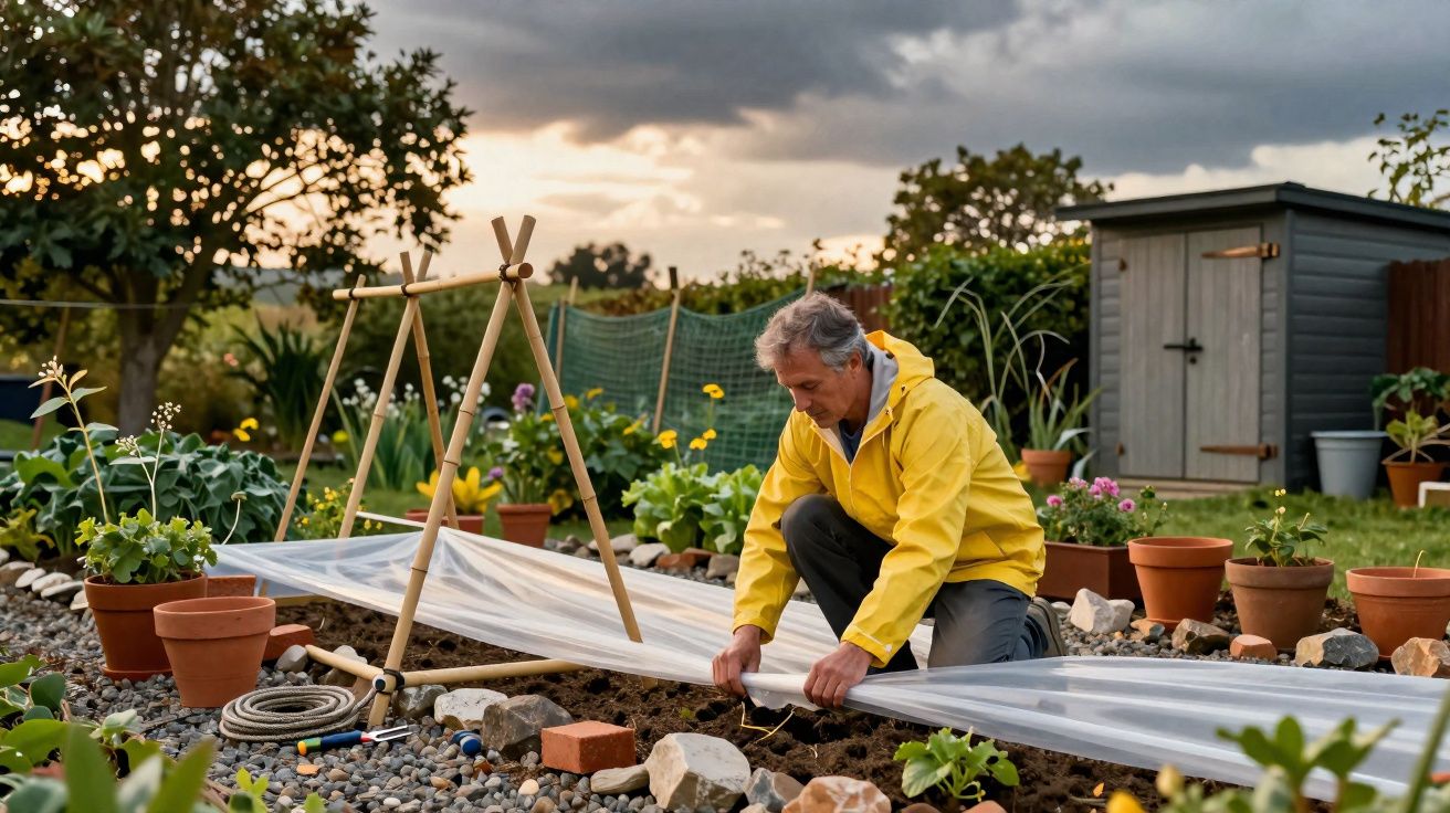 Homem com casaco amarelo a estender cobertura plástica numa horta ao ar livre ao entardecer.