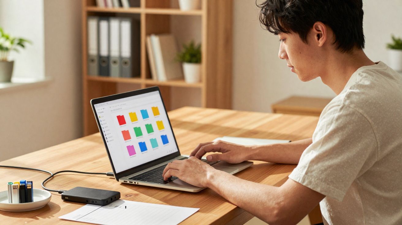 Homem a utilizar portátil com ecrã com ícones coloridos numa mesa de madeira clara em escritório.