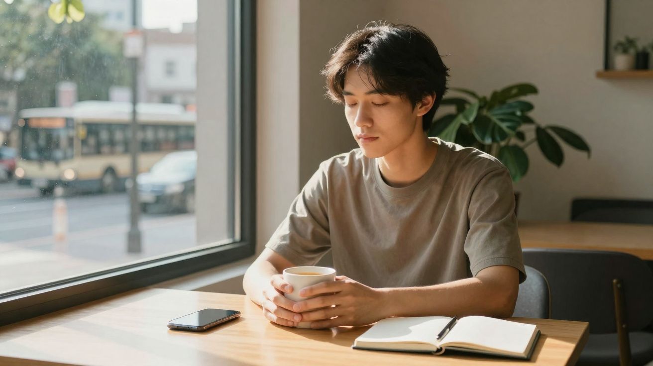 Jovem sentado à mesa junto à janela, segurando uma chávena, com telemóvel e caderno abertos à sua frente.