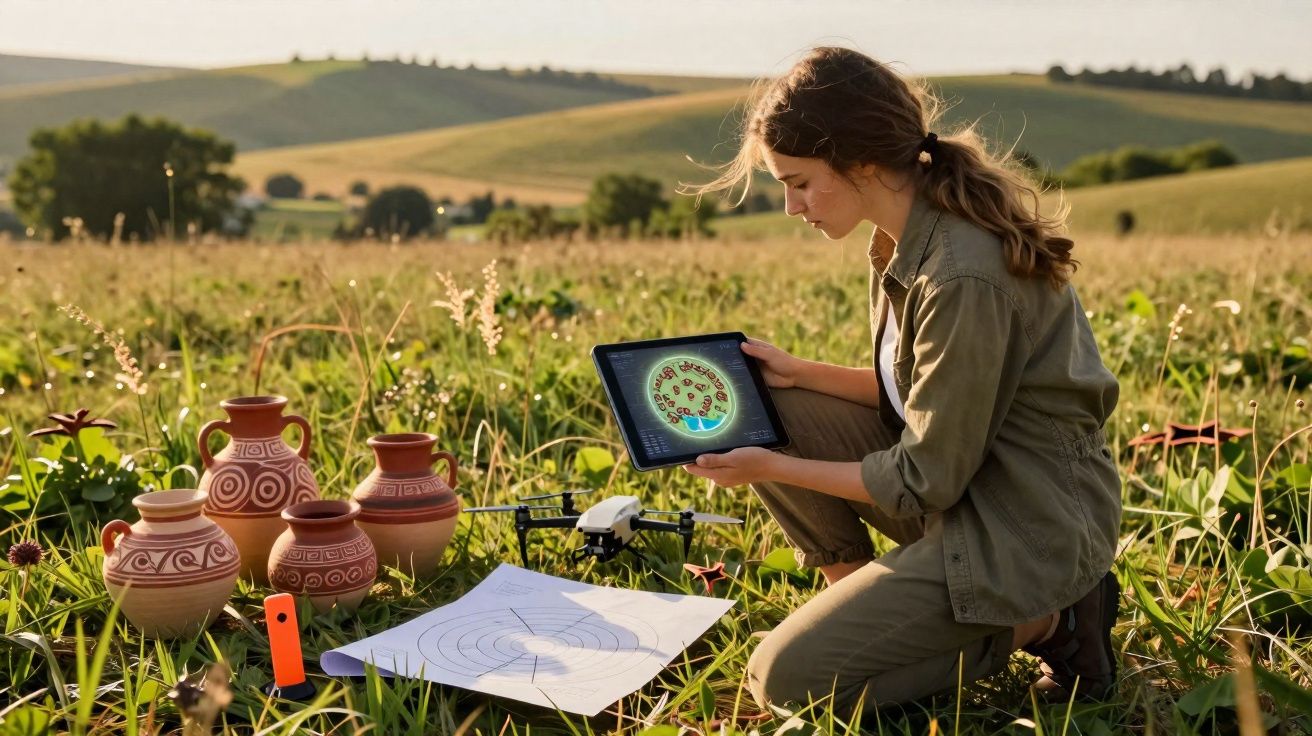 Mulher em campo a analisar dados num tablet, perto de drone, cerâmicas antigas e plantas, em paisagem rural.