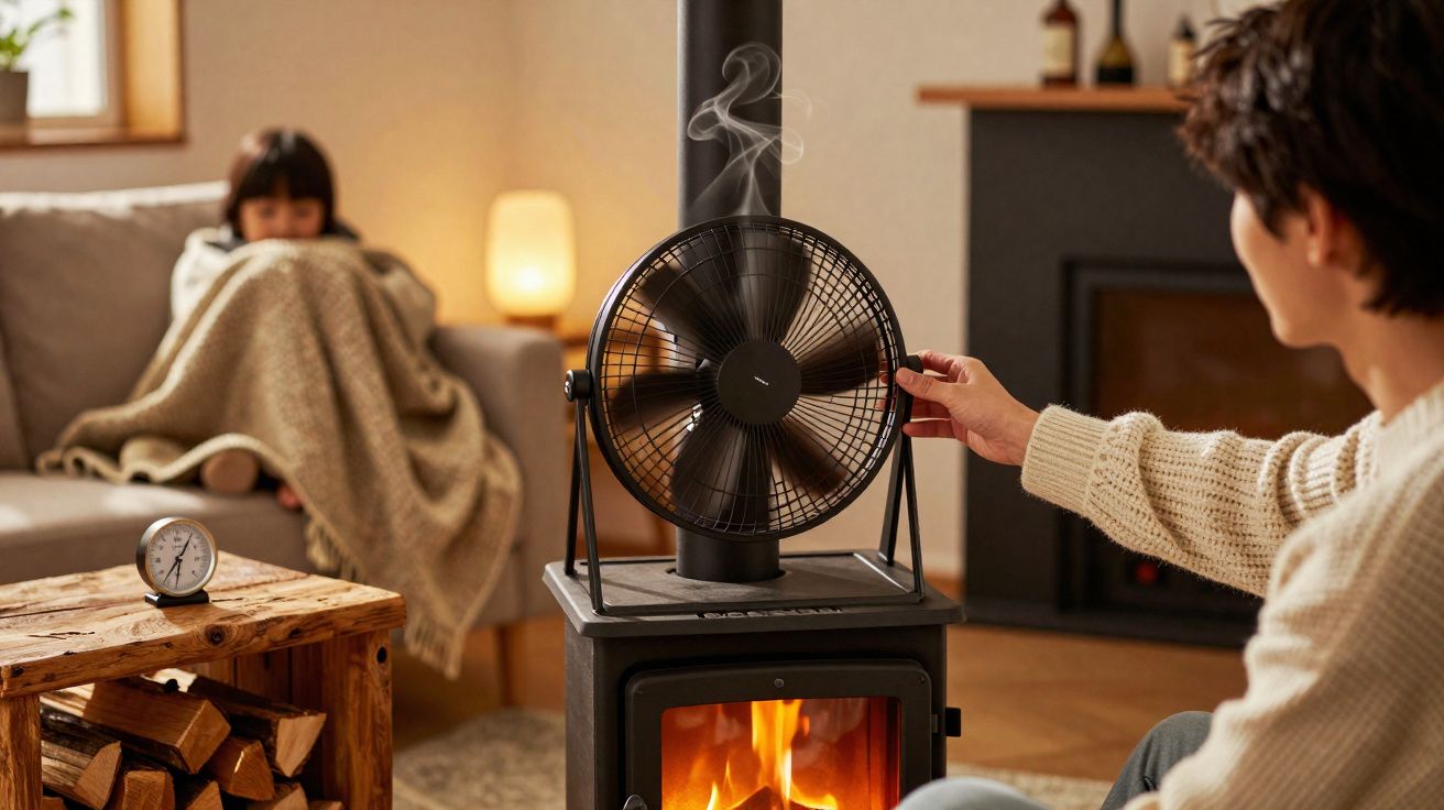 Pessoa ajusta ventilador em lareira acesa enquanto outra está enrolada numa manta no sofá.