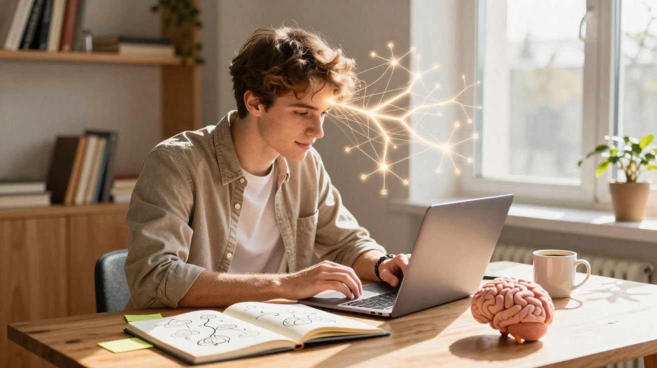 Homem jovem a trabalhar no computador com caderno, cérebro em miniatura e conexão luminosa a simbolizar ideias.