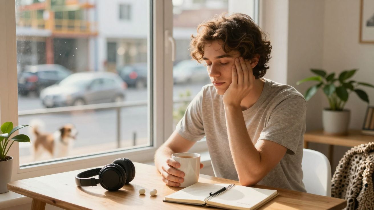 Jovem sentado à mesa com caderno aberto, segurando caneca e aparentando cansaço ou reflexão.