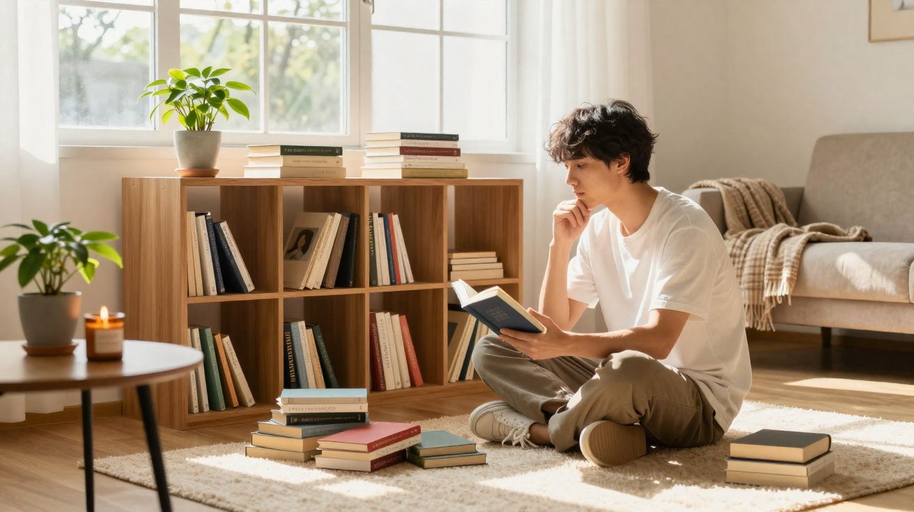 Jovem sentado no chão a ler um livro numa sala iluminada com estante, almofadas e plantas.