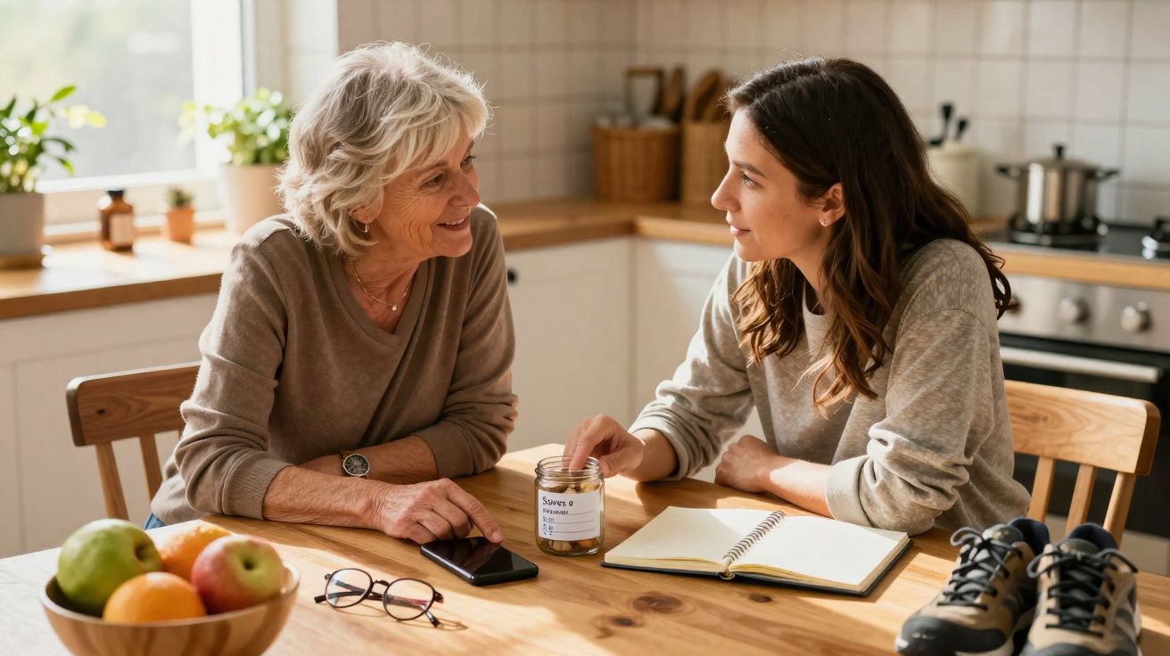 Duas mulheres conversam à mesa de cozinha, com jarro, caderno, telemóvel e óculos no tampo.