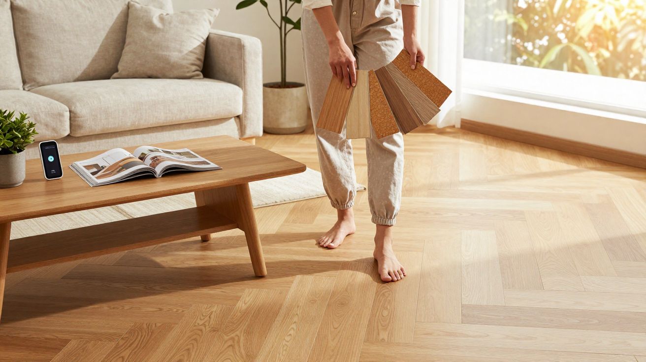 Pessoa em sala de estar com amostras de pavimento de madeira, piso em espinha de peixe e sofá cinza.
