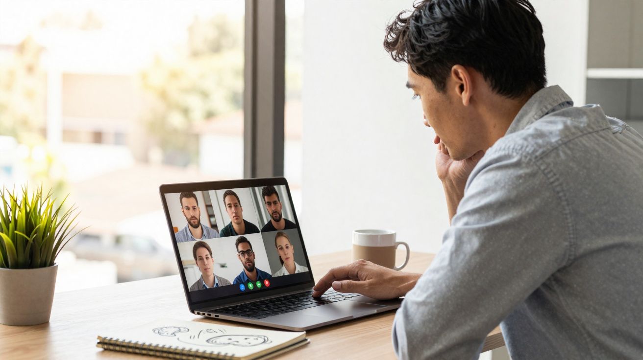 Homem participa numa reunião online por videoconferência num portátil numa mesa com caderno e chávena.