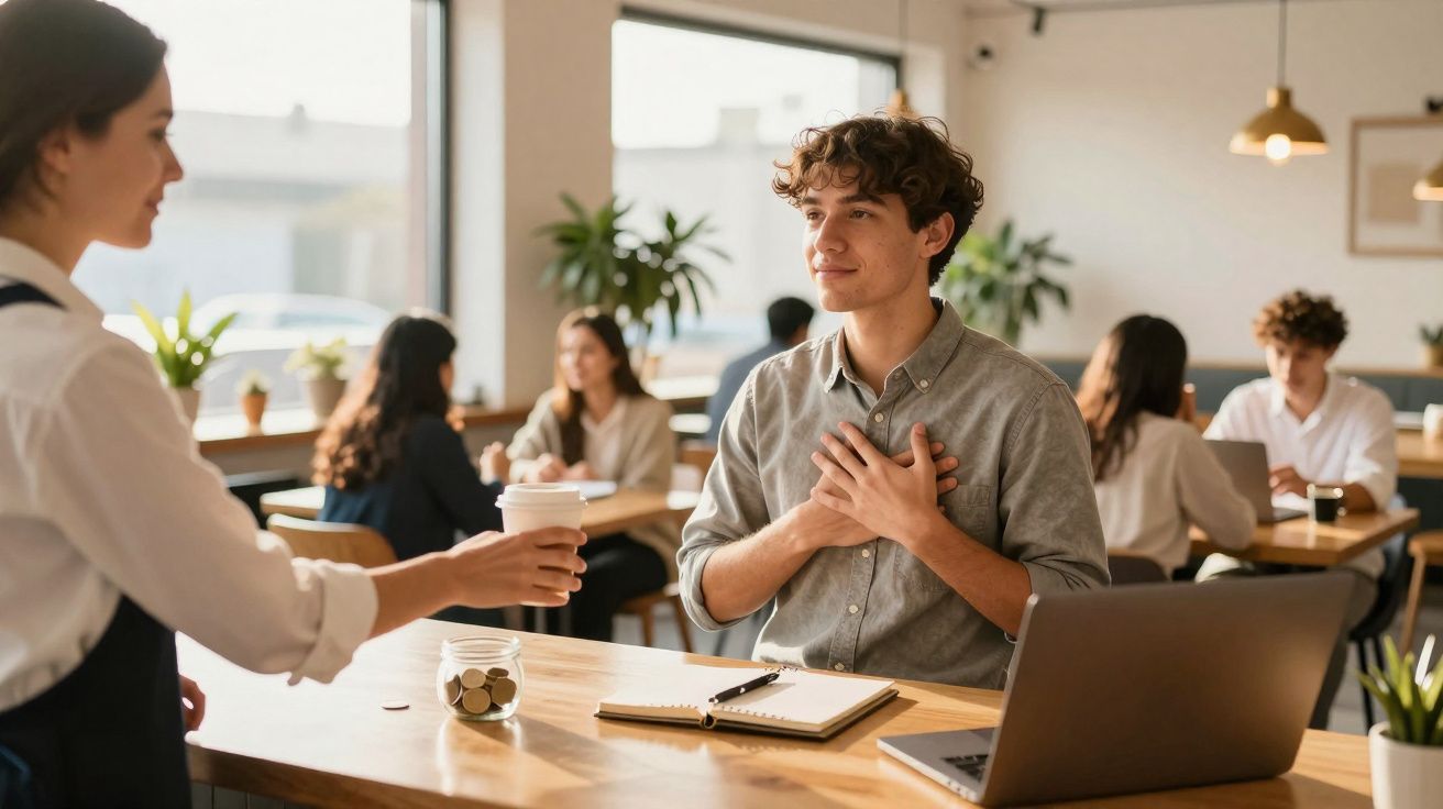 Homem jovem a agradecer uma empregada que lhe entrega uma bebida num café moderno e luminoso.