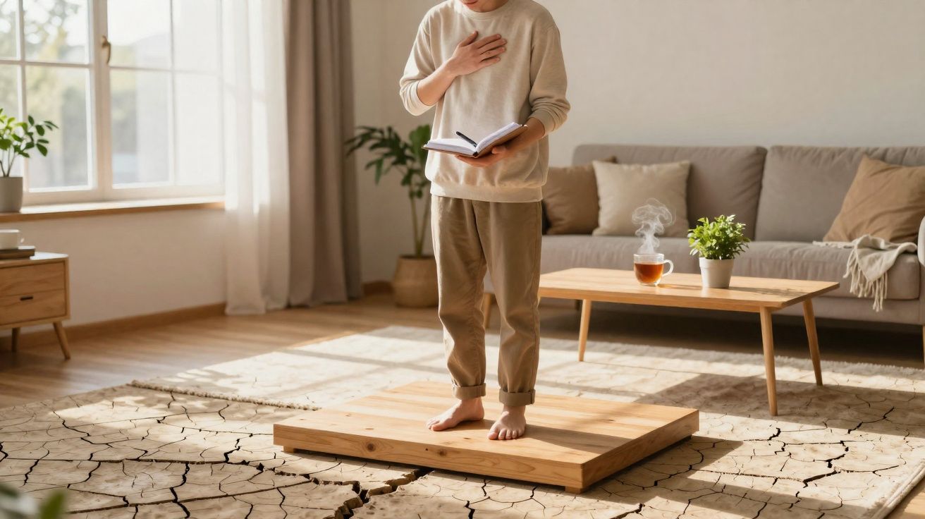 Pessoa descalça a ler livro e a colocar mão no peito, de pé sobre prancha de madeira em chão seco e rachado.