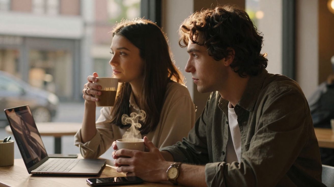 Jovem casal num café, focado num portátil enquanto bebe café, com luz natural a entrar pela janela.