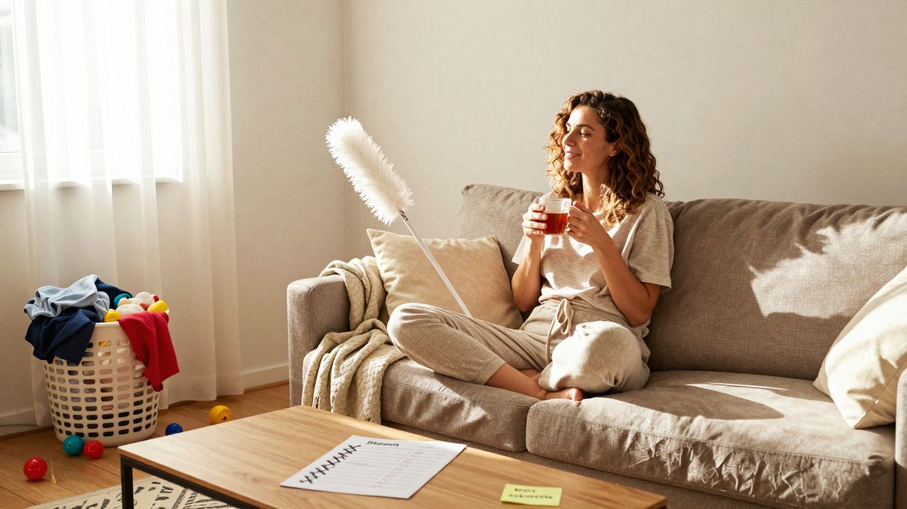 Mulher sentada no sofá a beber chá, com cesta de roupa e brinquedos no chão junto à janela.