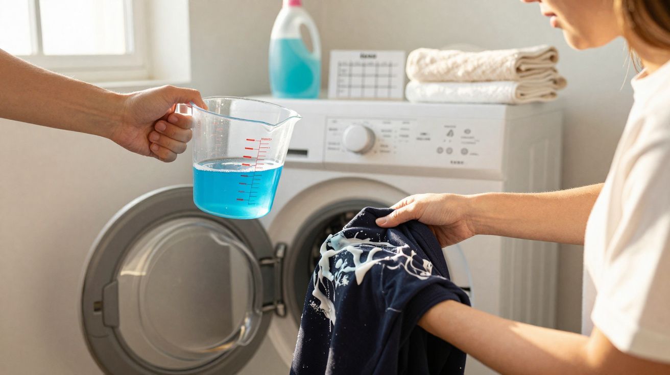 Pessoa a aplicar detergente líquido a roupa azul junto a uma máquina de lavar roupa branca.