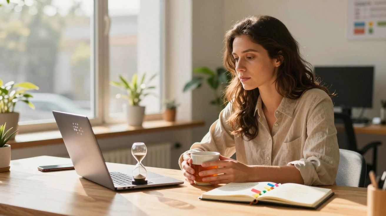 Mulher a trabalhar num escritório com computador portátil, caderno aberto e a segurar uma chávena.