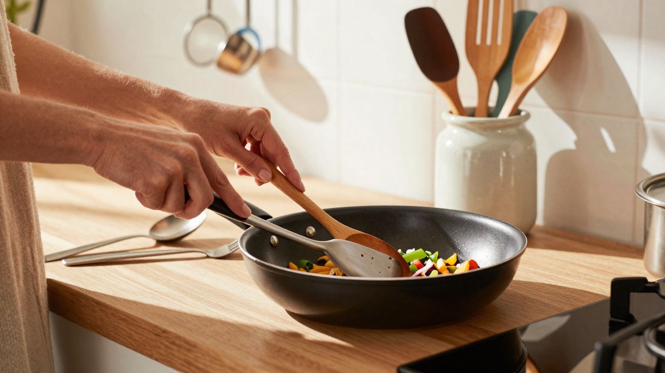 Mãos a cozinhar legumes numa frigideira preta numa cozinha com utensílios de madeira e metal ao fundo.