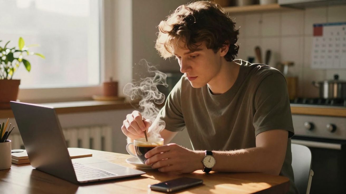 Jovem sentado à mesa da cozinha, a beber café quente, com um computador portátil aberto à sua frente.