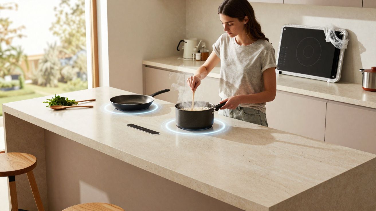 Mulher a cozinhar numa cozinha moderna com ilha e fogão de indução, mexendo uma panela.
