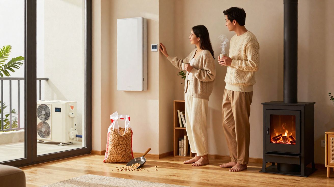 Casal junto a um termostato numa sala com lareira acesa, sacos e pellets no chão.